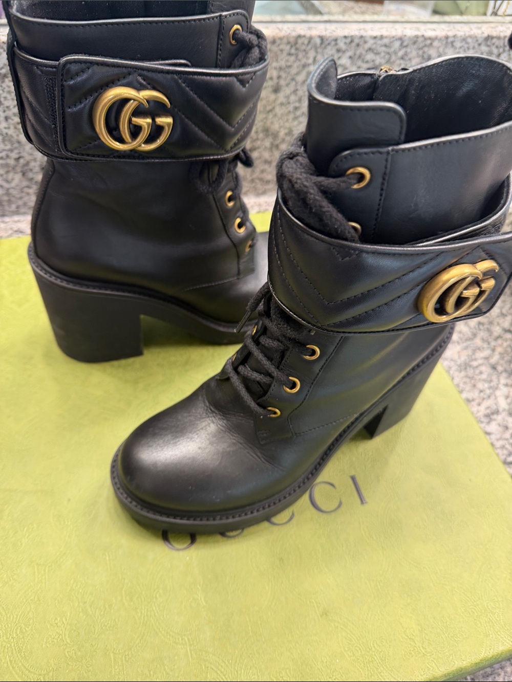 Gucci Black Leather GG-Emblem Lace-Up Block Heel Ankle Boots